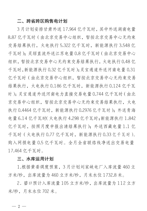  2018年3月甘肅電網(wǎng)電量交易計劃：外送17.964億千瓦時