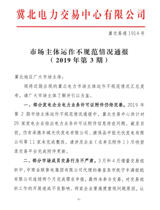 冀北2019年3月市場主體運行不規范情況通報：部分市場成員交易行為不嚴肅